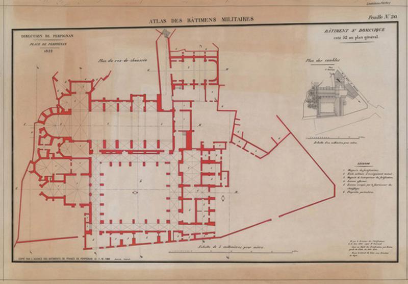 Couvent Saint-Dominique : document relevé et dessiné en 1833 au dépôt des fortifications par Biston, garde du Génie ; feuille n° 20, coté 52 au plan général et réédité à l'agence des Bâtiments de France ; rez-de-chaussée, combles.