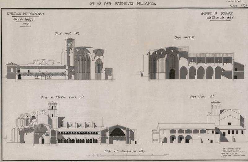 Couvent Saint-Dominique : document relevé et dessiné en 1833 au dépôt des fortifications par Caralerro, garde du Génie ; feuille n° 22, coté 52 au plan général et réédité à l'agence des Bâtiments de France ; coupes PQ, IK et EF ; coupe et élévation suivant LM.