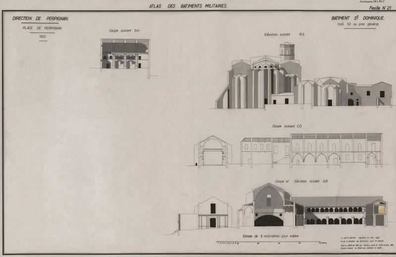 Couvent Saint-Dominique : document relevé et dessiné en 1833 au dépôt des fortifications par Caralerro, garde du Génie ; feuille n° 21, coté 52 au plan général et réédité à l'agence des Bâtiments de France ; coupe CD, coupe et élévation suivant AB.