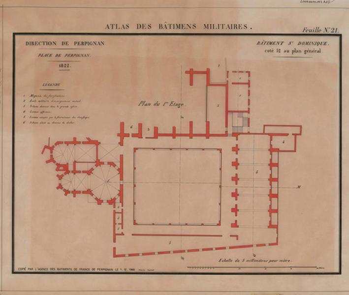 Couvent Saint-Dominique : document de 1822 ; feuille n° 21, coté 52 au plan général et réédité à l'agence des Bâtiments de France ; plan 1er étage.