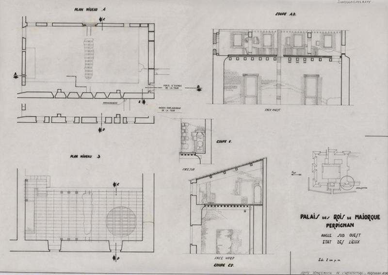 Palais des Rois de Majorque : états des lieux ; angle sud-ouest, plans niveaux 3 et 4, coupe AB, face ouest, coupe CD, face nord, coupe E, face sud, plan de localisation.