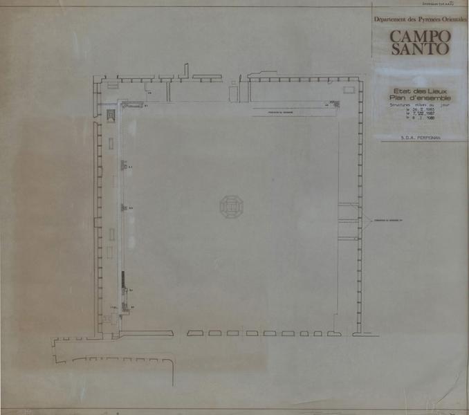 Cloître-cimetière Saint-Jean (appelé Campo Santo) : état des lieux, plan d'ensemble, structures mises au jour le 26 février 1985, le 7 juillet 1987 et le 8 janvier 1988.