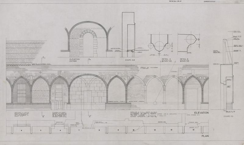 Cloître-cimetière Saint-Jean (appelé Campo Santo) : état des lieux aile est, détail éch. 1/2, plan, coupe, élévation éch. 1/20.