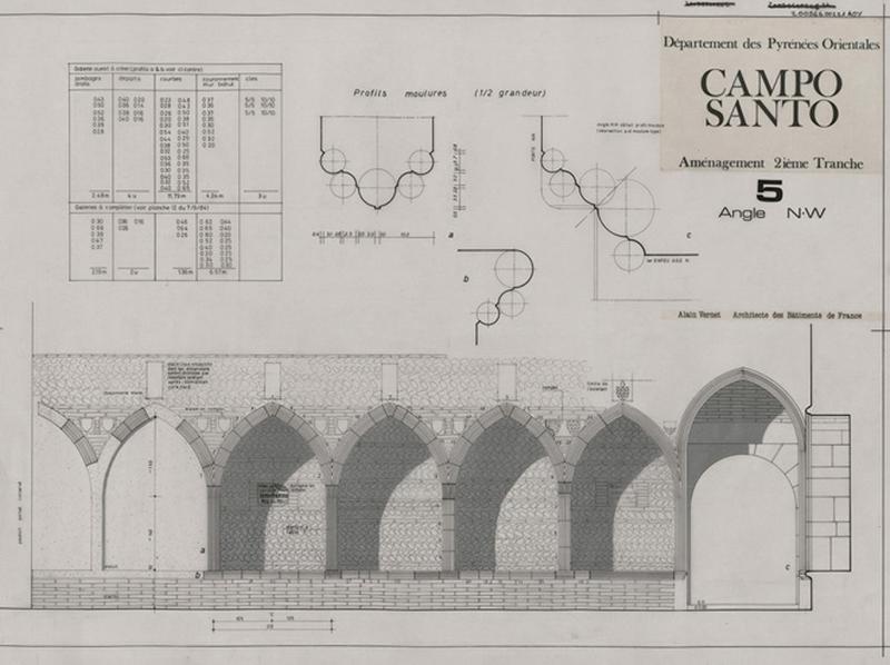 Cloître-cimetière Saint-Jean (appelé Campo Santo) : angle nord-est, restitution, profils moulures éch. 1/2, élévation éch. 1/20.