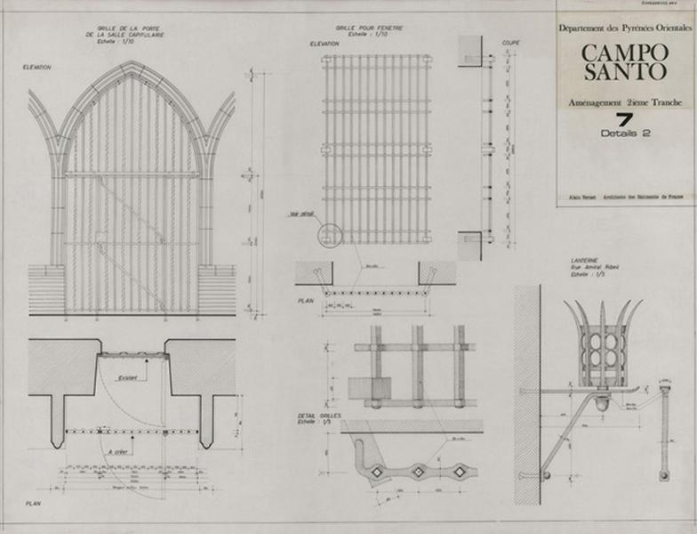 Cloître-cimetière Saint-Jean (appelé Campo Santo) : aménagement 2ème tranche, détails lanterne et grille éch.1/5, grille pour fenêtre et élévation grille concernant la porte de la salle capitulaire éch. 1/10.