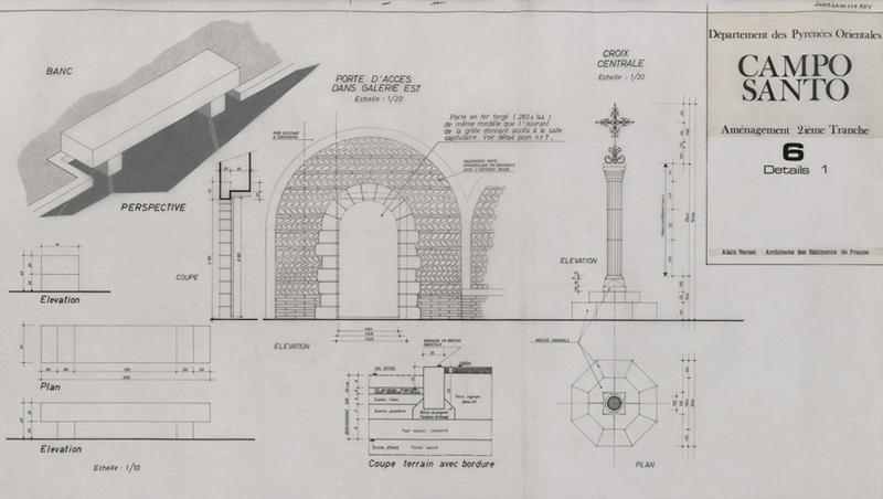 Cloître-cimetière Saint-Jean (appelé Campo Santo) : aménagement 2e tranche, détail du banc (perspectives) éch. indéterminée, porte d'accès dans galerie est et croix centrale éch. 1/20, élévation, plan, coupe terrain avec bordure.