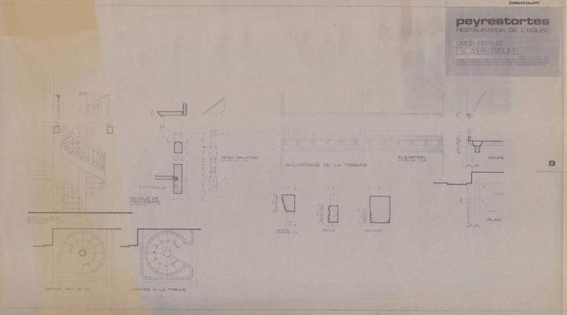 Restauration : détails intérieurs, escalier, balustrade de la tribune (élévation) éch. 1/20 ; appuis, socle et poutre de la balustrade de la tribune, détail de la menuiserie éch. 1/5.