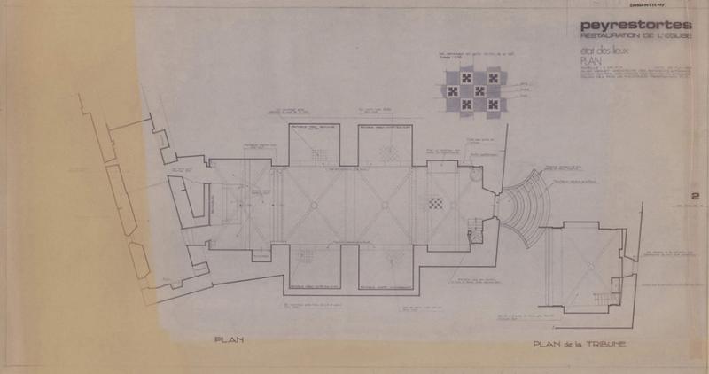 Plan général. Plan de la tribune éch.1/50, détail du carrelage éch.1/10.