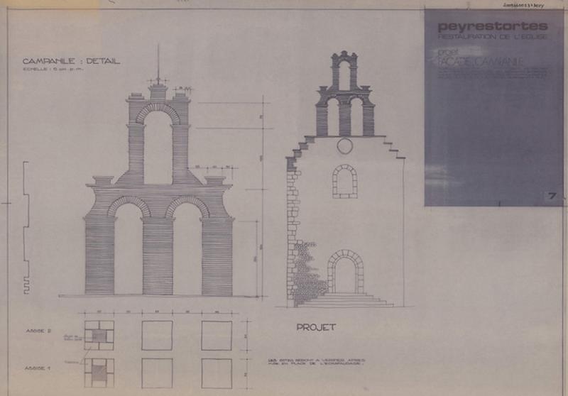 Restauration et projet façade éch. 1/50 ; campanile, détail éch. 1/20.