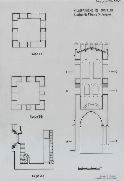 Clocher : coupes AA, BB et CC et coupe transversale d'après N. Bailbé.