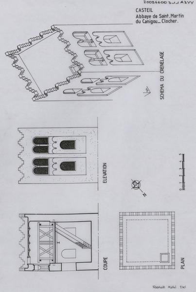 Clocher : élévation, coupe, plan, vue axonométrique.