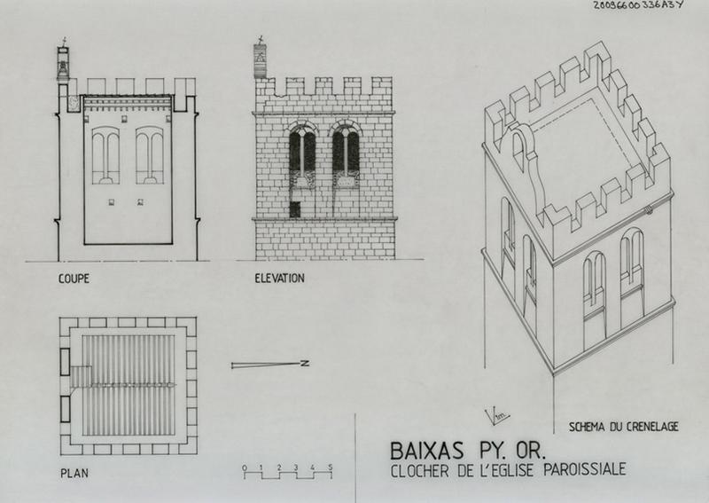 Clocher : élévation, coupe, schéma du crénelage.