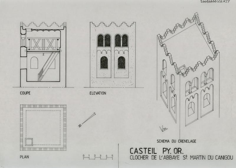 Clocher : élévation, plan, coupe et schéma du crénelage.