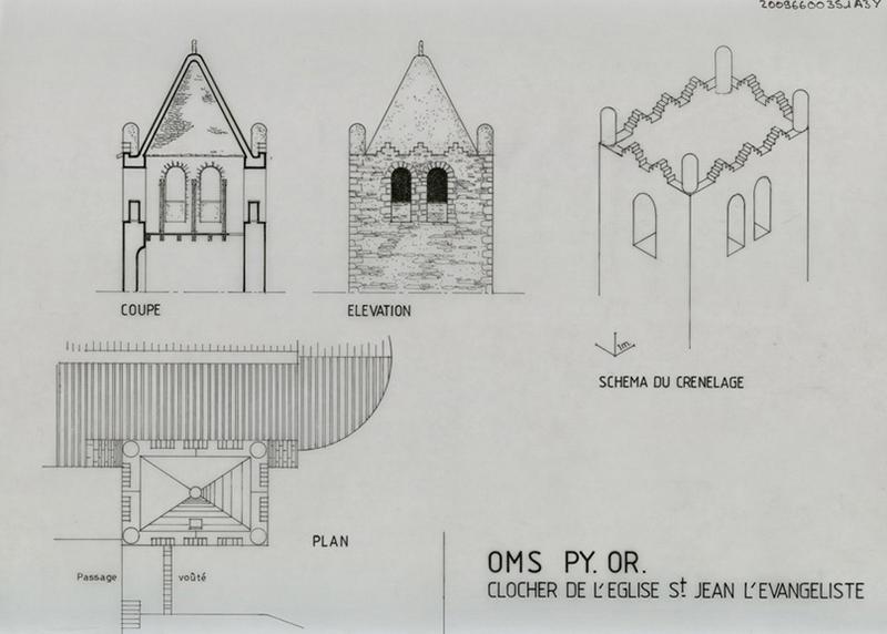 Clocher : élévation, plan, coupe, schéma du crénelage.