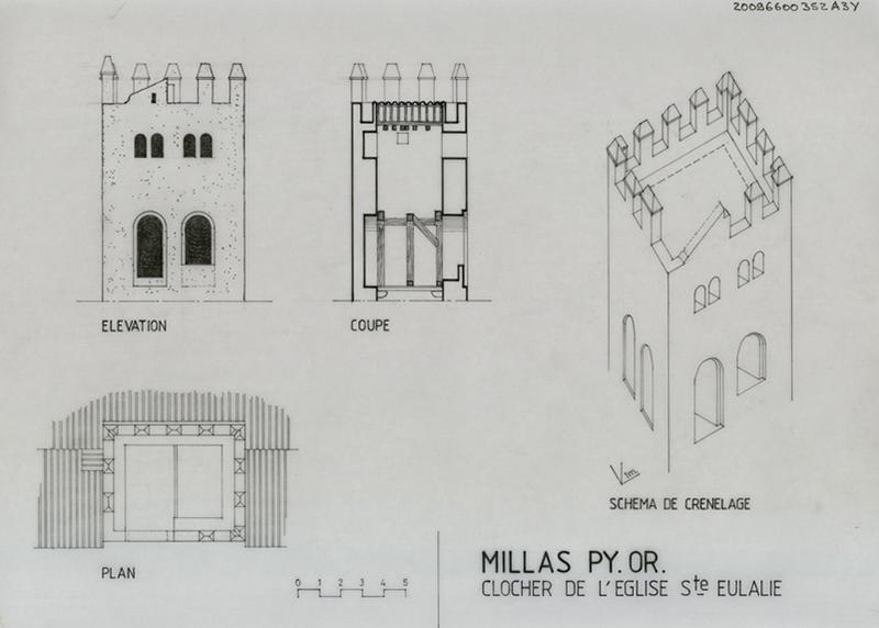 Clocher : élévation, plan, coupe, schéma de crénelage.