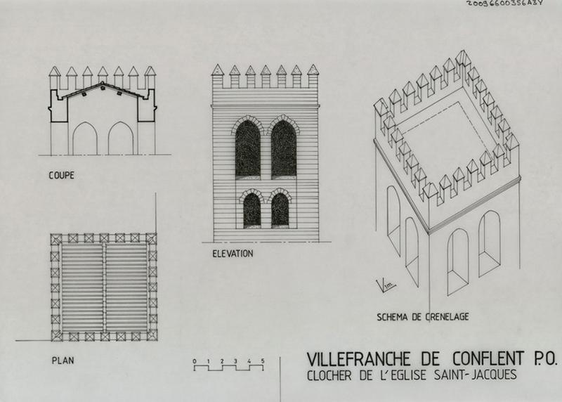 Clocher : élévation, plan, coupe, schéma du crénelage.