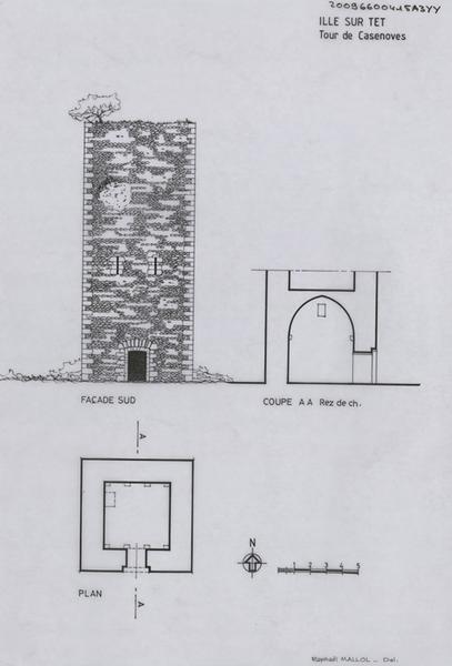 Elévation façade sud, plan, coupe AA rez-de-chaussée.