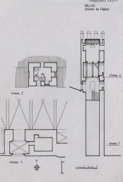 Clocher : plans niveaux 1 et 2, coupe.