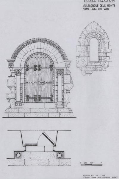 Prieuré de Santa Maria del Vilar : portail, élévation, et coupe relevés d'après Pierre-Louis Decaux, ABF.