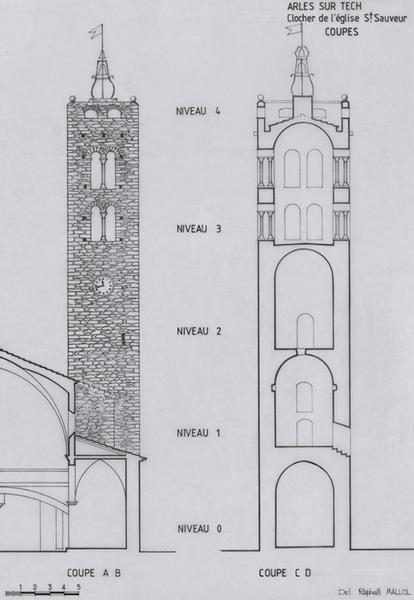 Eglise Saint-Sauveur : élévation et coupes du clocher.