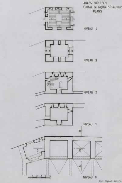 Eglise Saint-Sauveur : plans du niveau 0 au niveau 4 du clocher.