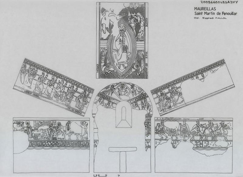 Situation des peintures dans l'abside, draperies, scènes de la vie de Jésus, les 24 vieillards de l'Apocalypse, le Christ en majesté entouré des 4 évangélistes, Marie en orante.