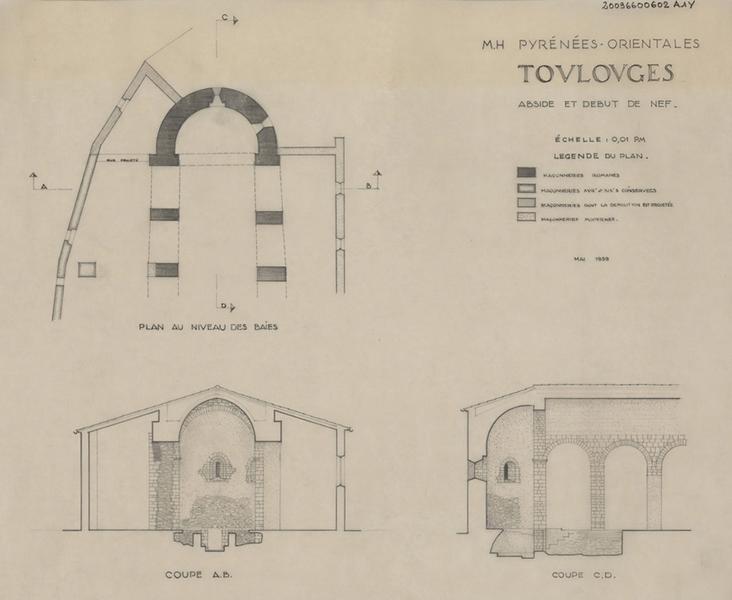 Plan général, niveau des baies ; coupe, abside et début de nef ; chronologie des constructions.