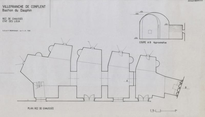 Bastion du Dauphin ; état des lieux : plan rez-de-chaussée, coupe approximative.