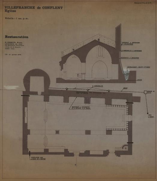 Rempart et église ; drainage ; restauration : plan général, coupe.