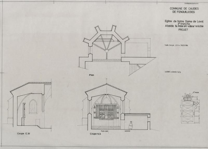 Abside : plan, coupes est-ouest et nord-sud ; projet 2ème tranche.