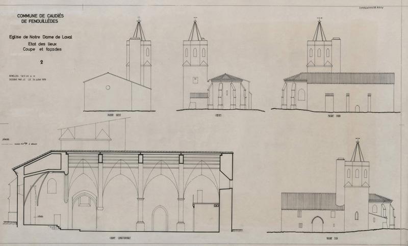 Coupe longitudinale, façades pignon ouest, chevet nord-sud, légendé voûte du XIXe siècle à démolir ; état des lieux.