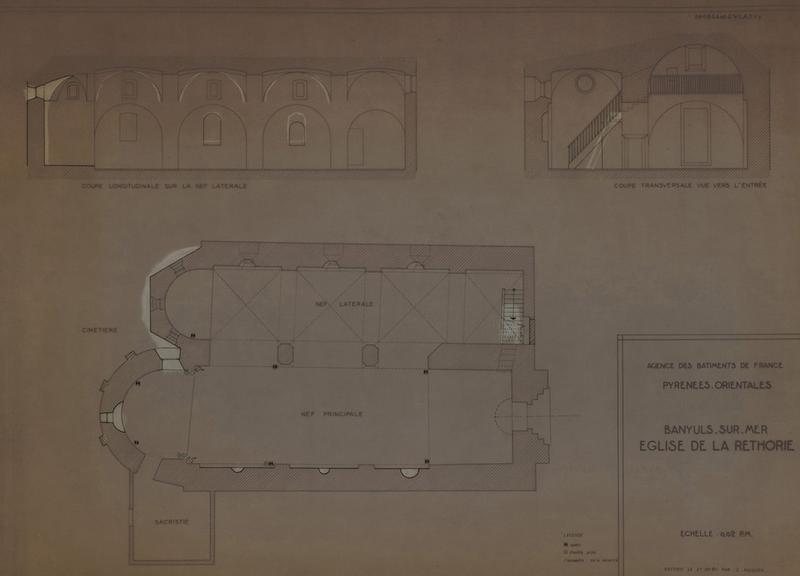 Coupe longitudinale de la nef latérale, coupe transversale vue de l'entrée, plan général.