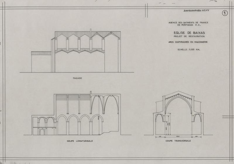 Elévation façade, coupes longitudinale et transversale ; projet de restauration arcs diaphagmes en maçonneries.