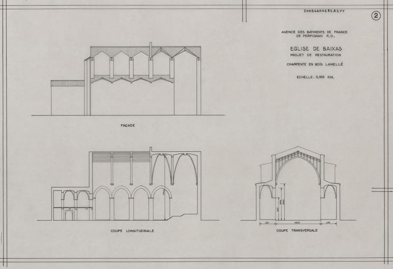 Plan général ; projet de restauration en bois lamellé d'après le relevé de J.C. Rochette, Architecte des Monuments Historiques.