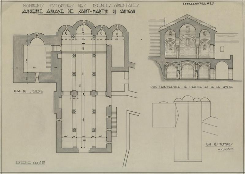 Plan coté éch. 1/100 ; coupe transversale de l'église et crypte, plan des toitures éch. 1/200.