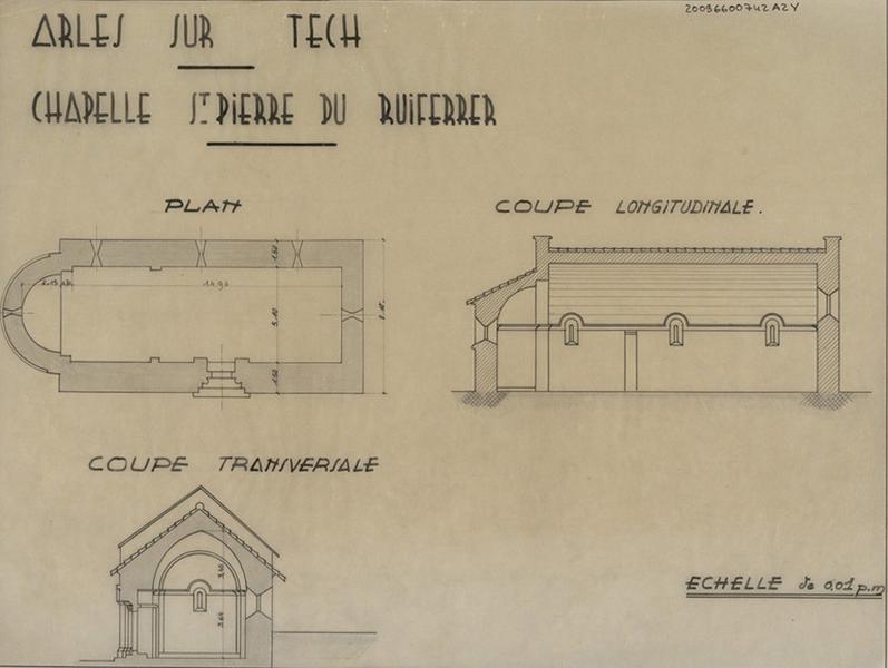 Plan, coupes longitudinale et transversale cotés.