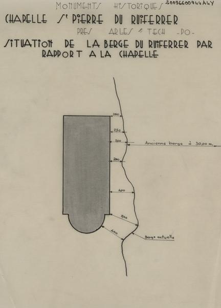 Plan de masse avec les cotes de distance du monument jusqu'à la berge.