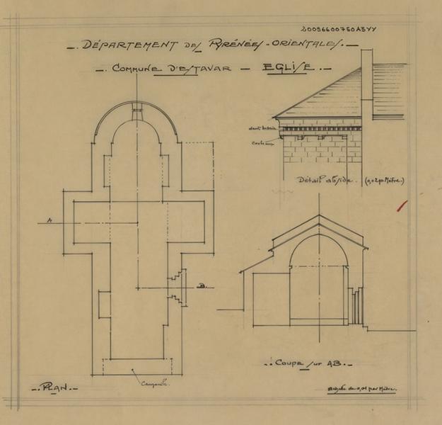 Plan général, coupe transversale éch. 1/100 ; détail de l'abside éch. 1/50.