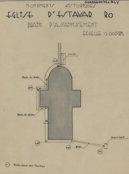 Plan de masse avec cotes des profondeurs des fouilles et relevé du drain d'assainissement.