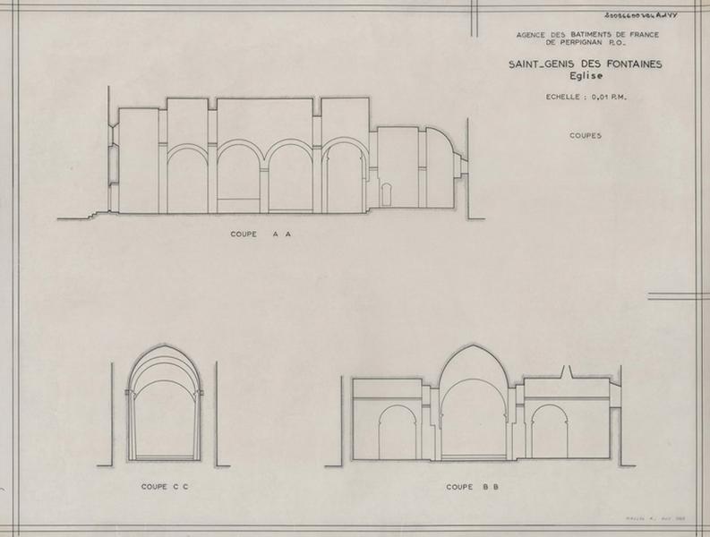 Coupe longitudinale et coupes transversale sur le transept et coupe transversale sur la 2ème travée.