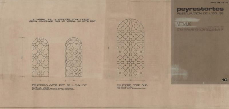 Vitraux, restauration : détails vitraux, détails et cotes fenêtres coté est et coté sud légendé le vitrail de la fenêtre coté ouest sera remplacé par un vitrail coté est.