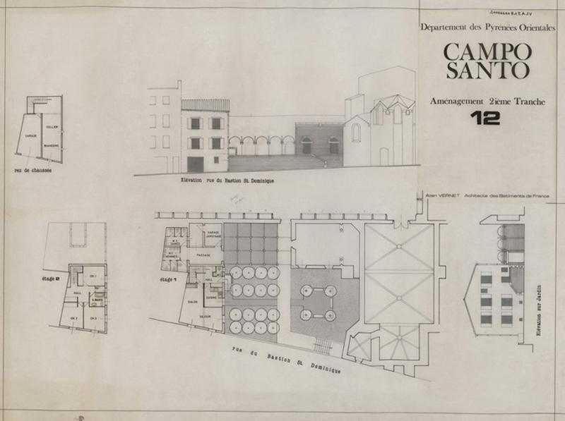 Cloître-cimetière Saint-Jean (appelé Campo Santo) : aménagement 2ème tranche ; logement et jardin est, élévations sur rue et jardin, plan d'ensemble rez-de-chaussée, 1er et 2e étages.