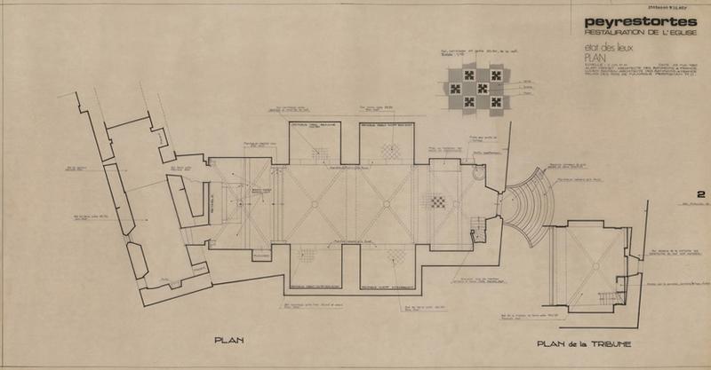 Etat des lieux : plan général avec situation des retables et quelques mobiliers, détails des natures du sol ; plan de la tribune éch. 1/50 ; détail du carrelage de la nef éch. 1/10.