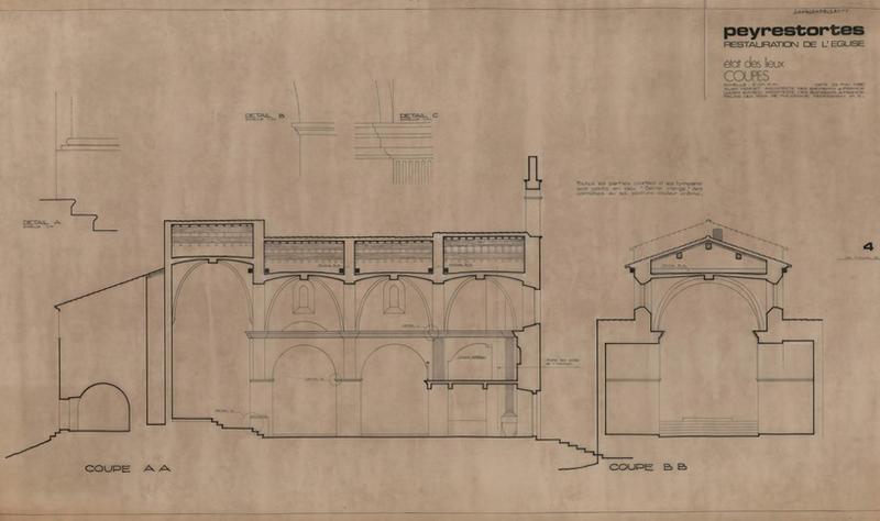 Etat des lieux : coupe longitudinale et transversale éch. 1/50 ; détail A de la base du pilier de l'arc triomphal, détail B de l'imposte, détail C de la corniche éch. 1/10.