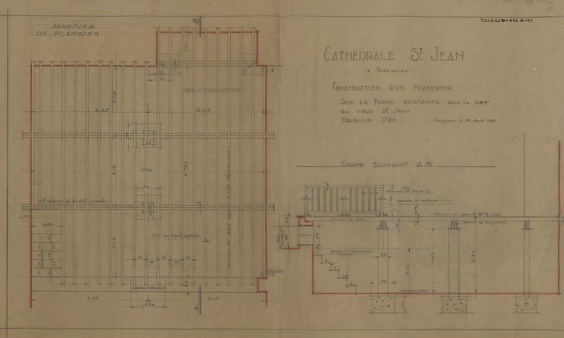 Construction d'un plancher sur la fosse existante dans la nef du Vieux-Saint-Jean : plan coté des armatures du plancher, coupe cotée suivant AB.