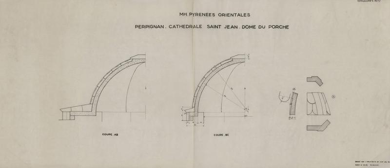 Dôme du porche : coupes AB et CD cotées et détails de la couverture en marbre.