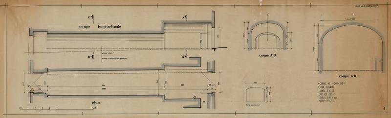 Tunnel d'accès : aménagement ; état des lieux ; plan au sol, coupe longitudinale, coupes AB et CD, éch. 1/50 ; plan vue de face porte sur bastion éch. 1/20 ; le tout coté.