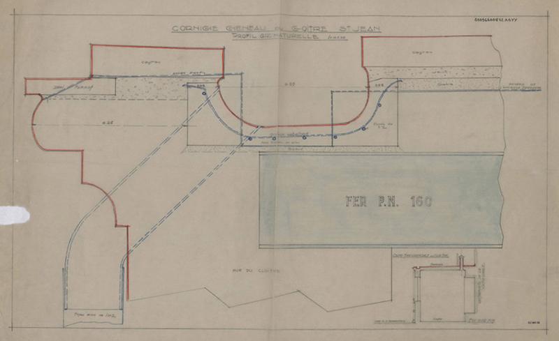 Eglise Saint Jean l'Evangéliste ; profil GR ; naturelle : projet ; plans corniche et cheneau ; plan de situation éch. 1/5 000.