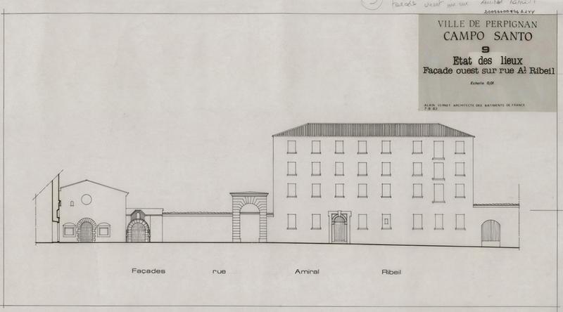 Cloître-cimetière Saint-Jean (appelé Campo Santo) : état des lieux ; élévation façade ouest sur rue Amiral Ribeil.