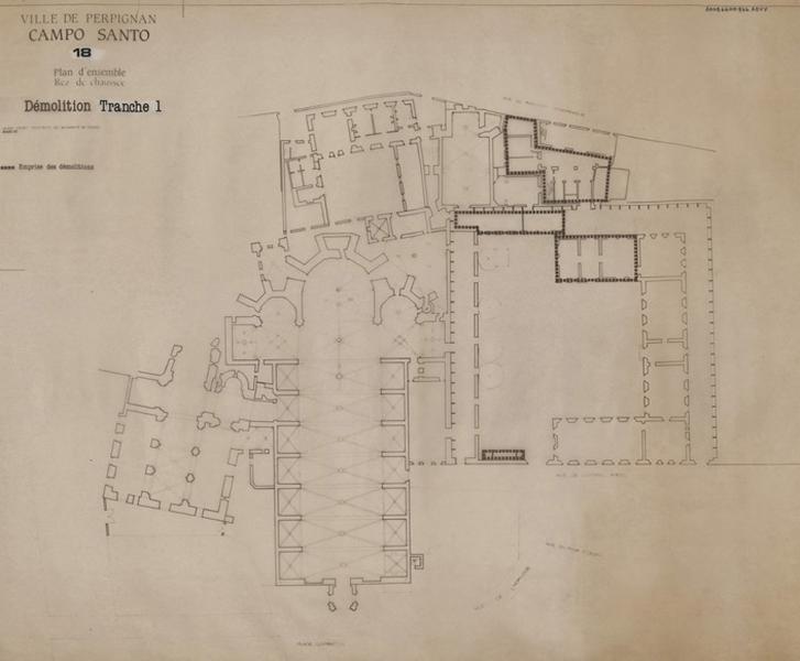 Cloître-cimetière Saint-Jean (appelé Campo Santo) : plan d'ensemble rez-de-chaussée avec emprise des démolitionsde la tranche 1.